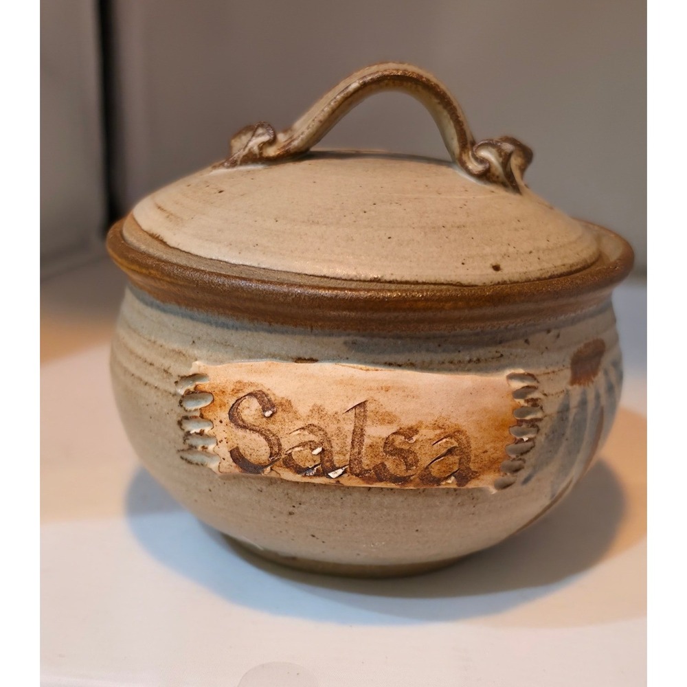 Studio Pottery Signed Salsa Bowl w/ Lid Handcrafted Stoneware Earth Tones rustic